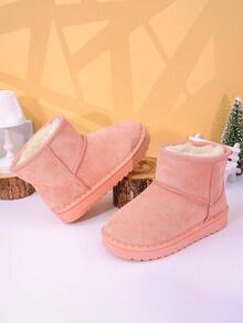 1 Pair Of Children's Snow Boots With Brown, Black, Pink Plush Lining And Suede Lining For Warmth . Short Top, Flat Heel, Simple, Casual, Comfortable And Fashionable. Children's Snow Boots For Winter Holiday Travel