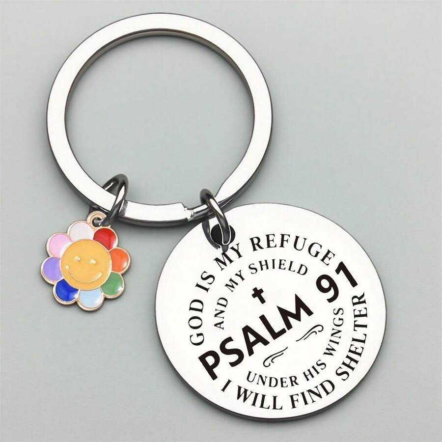 1pc Inspirational Quote & Smiling Face Stainless Steel Keychain, PSALM 91, Gift For Family, Friends, Birthday, Halloween, Christmas