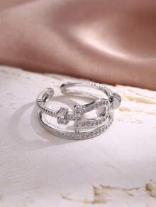 1 pieza Anillo de piedra de circonia de cobre elegante y de moda, diseño de nudo de bloqueo, anillo abierto minimalista unisex