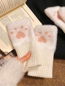 1 Paar Mink-Fleece Weiche Winter Halbfinger Handschuhe für Damen, warm, luxuriös, einfarbig weiß, flauschig gestrickt, fingerlos, Handgelenkstulpen
