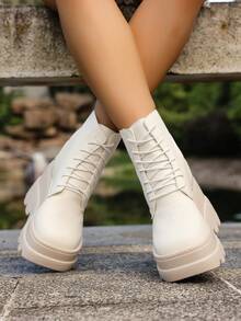 Giày bốt cao đến đầu gối buộc dây đế dày cổ điển dành cho nữ, thiết kế bằng da, giày bốt đi xe máy thường ngày, công sở, đi làm, mũi tròn, thu/đông - trắng - Xem 2