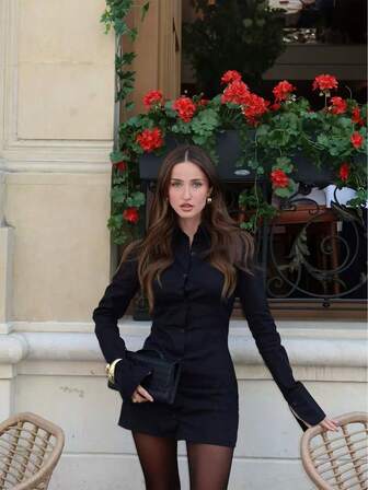 HoloChill 女装年轻时尚休闲风纯色衬衫领长袖短衬衫裙，2025秋冬新品