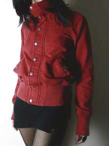 红色夹克，休闲街头风立领纽扣外套，时尚新年穿搭，Y2K美学，秋冬春季 - 紅色 - 查看 6