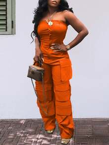 Sweet And Cool Fashion Women's Y2K Style Workwear Jumpsuit, Denim Jumpsuit, Denim Workwear, Mid Waist Non Elastic, Waist Cinching And Hip Lifting, Loose And Slimming, Suitable For All Seasons, Paired With Multi Pocket Design,  And Cool, Suitable For Back To School Season, Hot Girls, Work, Outdoor Work, Outdoor Activities, Travel, Streets, Nightclubs, Parties, Fashion Shows - 橘色 - 查看 5