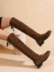 A Pair Of Stylish Over-The-Knee Boots For Girls, Including Black Boots For Girls And Brown Knee-High Boots For Teens. Suitable For Children's Daily Shopping Wear In Autumn And Winter.Parent-Child Outfit
