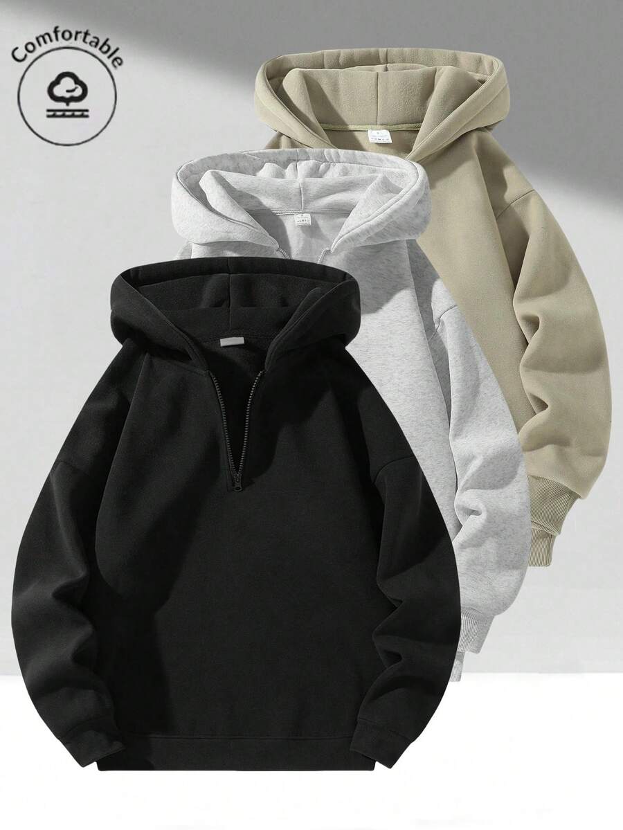 Men's Outdoor Half-Zip Hoodie, Fashionable Minimalist Solid Color Lightweight Fleece Long Sleeve Sweatshirt, Suitable For Gym, Hiking, Running, Perfect Gift For Boyfriend, Essential For Winter - Black - View 1