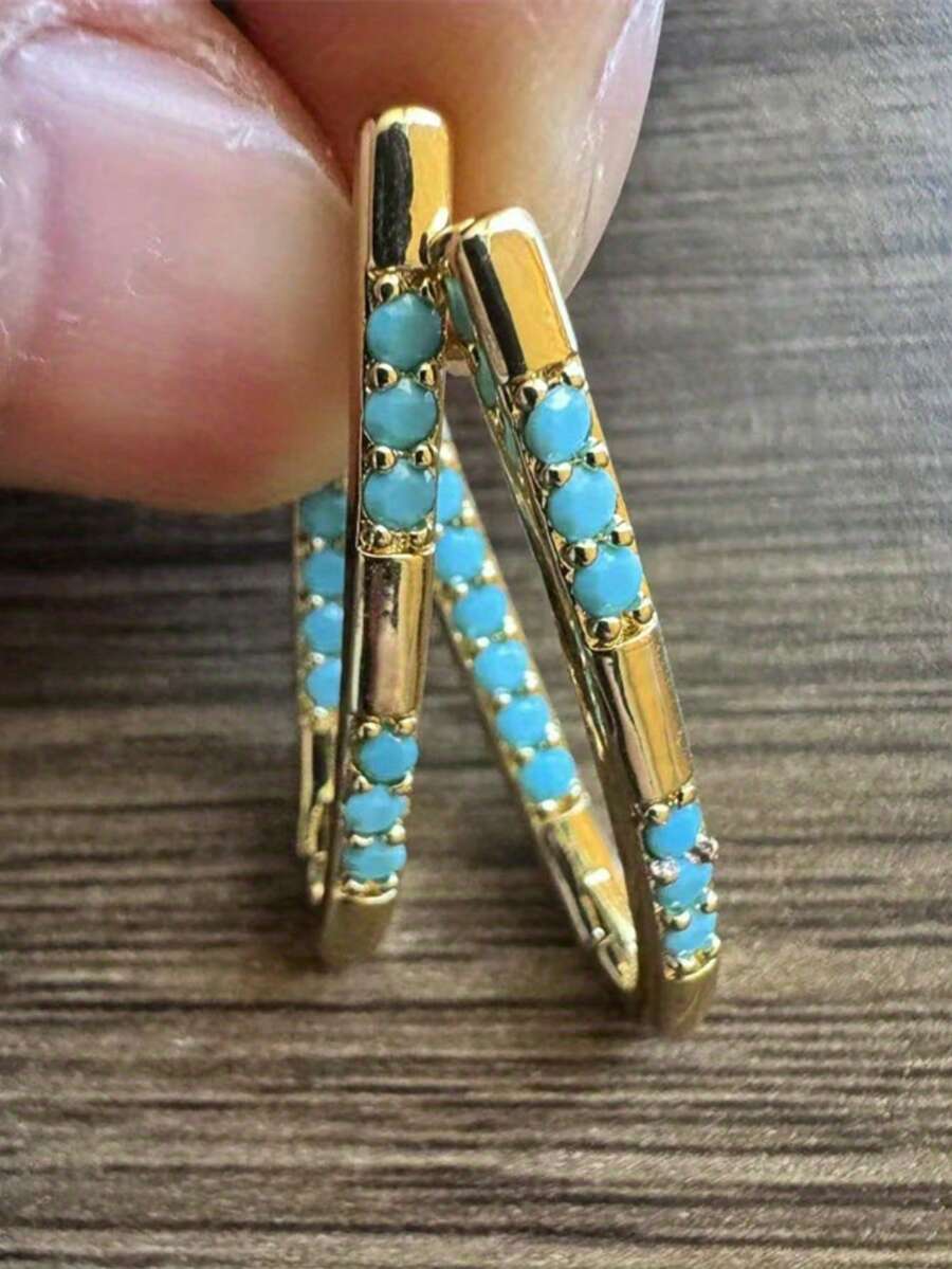 1 Pair Luxury Vintage Geometric Earrings - Gold With Synthetic Turquoise, Suitable For Weddings, Parties And Daily Wear - Birthday And Holiday Gift, Vintage Earrings, Wedding Jewelry, Classic Style, Durable