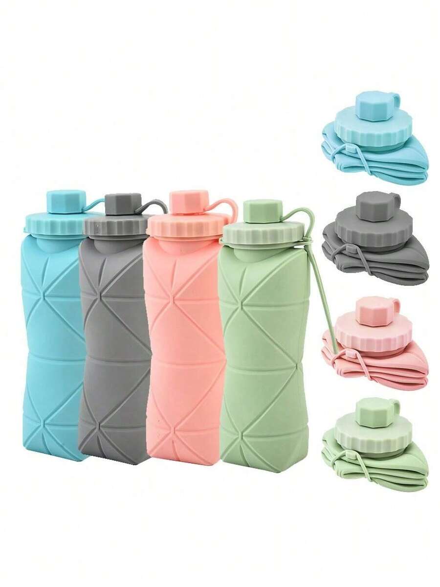 1pc 600ml Silicone Folding Bottle Adult Portable Reusable Plastic Cups Outdoor Travel Gym Water Bottle Motivational Drinking Bottle - Hồng - Xem 1