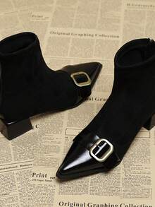 Women's Ankle Boots & Short Boots, Casual Fashion Pure Metal Buckle, Office & Home, New Pointed Toe Thick Heel Suede Patchwork Booties With Belt - Black - View 2