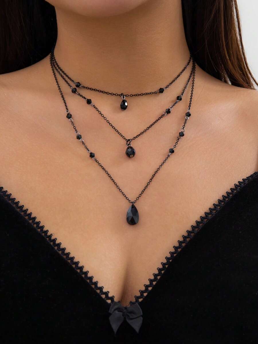 3pcs/Set Gothic Style Personalized Sweet And Cool Dark Rhinestone Black Blood Drop Tassel Necklace Choker For Women, Halloween Party Accessories, Halloween Gift For Friends