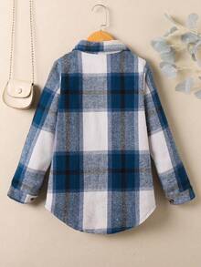 Tween Girl Casual Plaid Button-Up Shirt With Curved Hem, Spring/Autumn - Blue and White - View 2