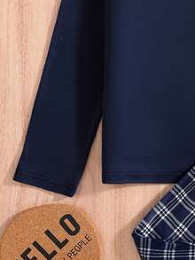 Boys' Fashion Air-Conditioned Room Loungewear Long Sleeve Top And Plaid Pants Set, Anti-Kick And Warm, "Hi" Print Shirt With Black & White Checkered Pants, Comfortable Fabric, Suitable For Spring, Autumn And Summer Wear - Royal Blue - View 4