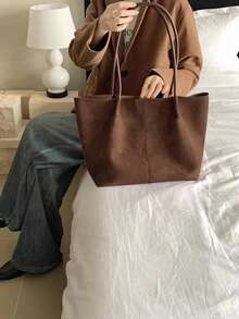 Bolso de ante marrón café retro, nueva colección primavera 2026. Bolso de hombro de gran capacidad con bolsillo pequeño y bolso de axila, para uso empresarial y casual, ideal para ir al trabajo, compras, citas, viajes, estudiantes universitarios y otras ocasiones. Bolso de mano para mujer, de uso diario. - Café integral - Ver 3