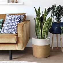 سلة حبال الخيش لنباتات 1 قطعة، سلة تخزين محاكة حديثة لأصيص زهور 10 بوصة للأرضيات والنباتات الداخلية، سلة تنظيم تخزين الحبال، ديكور منزلي ريفي، خطوط بيضاء وبيج