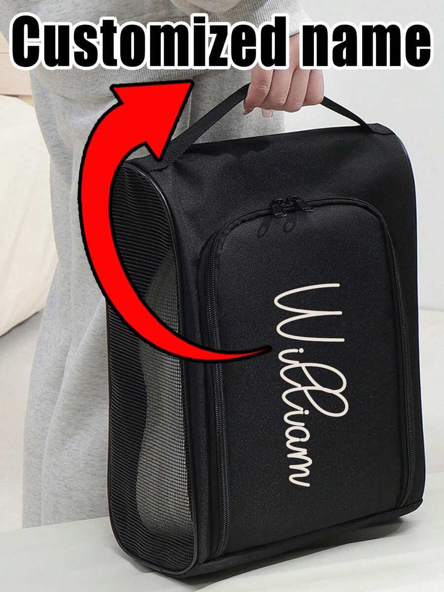 Personalized Name Travel Shoe Bag, Anti-Theft Basketball Football Shoe Bag, Portable Business Travel Shoe Bag, Shoe Bag Packaging, Dust-Proof Slipper Bag, Sports Shoe Bag, Outdoor Business Travel Waterproof Sports Shoe Bag, Breathable Mesh Football Shoe Bag For Men And Women, Practical Gift For Boyfriend/Girlfriend, Essential For Business Travel And Back To School - Black - View 1