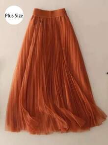 Classic Versatile Solid Color Mesh Pleated Skirt, Elastic Waist Slimming Elegant Lady Skirt, Autumn Women Clothing - Maroon - View 2