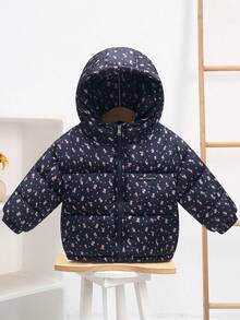 秋冬新款海军蓝碎花女婴保暖外套，带帽保暖加厚羽绒服，卡通绗缝外套 - 藍色 - 查看 3
