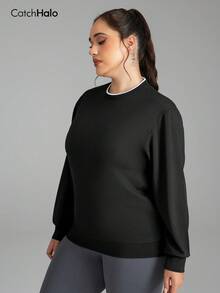 1 pieza Sudadera de manga larga talla grande, parte superior de punto waffle casual deportiva con bloques de color y cuello redondo, ligera y suave con ajuste holgado, para otoño invierno gimnasio yoga diario, sudadera deportiva para mujer