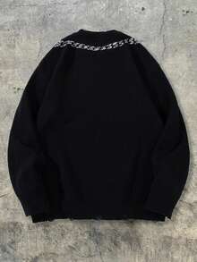 Men's Casual Loose Solid Color Pullover Sweater With Cross And Rose Graphic, Vintage American Gothic Style, Long Sleeve Knitted Top For Autumn And Winter - Black - View 3