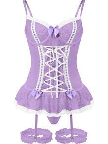 Sheer Mesh Corset Lace-Up Garter Belt Babydoll Lingerie Set - Purple - View 11