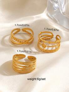 3pcs Stainless Steel 18K Gold Plated Chic Sun Line Design Rings, Suitable For Women's Daily Wear Luxury Jewelry - Multicolor - View 2