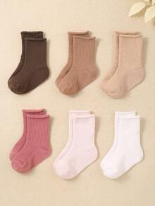 12/6 Pairs Baby/Kids Crew Socks, Toddler Girls Solid Color Thermal Socks, Casual Warm Socks For Daily Wear, Gift, Black White Khaki Brown, Autumn Winter
