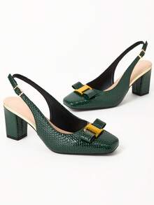 WHDXY 1 双女式方头露背学院风带扣装饰办公室高跟鞋，性感走秀款 7 厘米粗跟正装鞋，适合工作、空乘、派对 - 綠色 - 查看 4