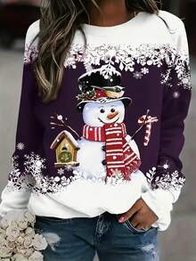 Women's Christmas Print Crew Neck Long Sleeve Sweatshirt - Coffee Brown - View 7