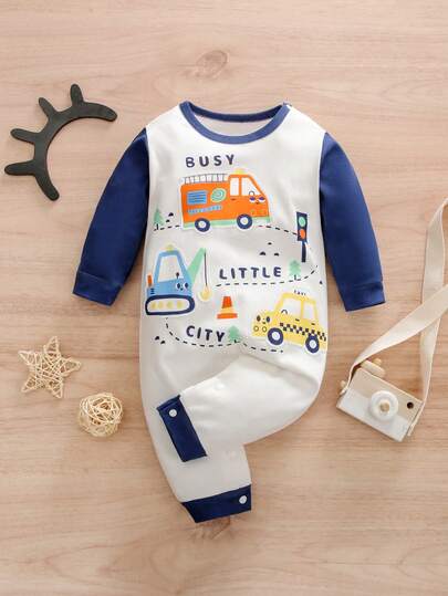 Infant Romper With Car Embroidery Patch, Baby Boy Spring Outerwear With Cartoon Vehicle Designs (Bus, Taxi, Truck)