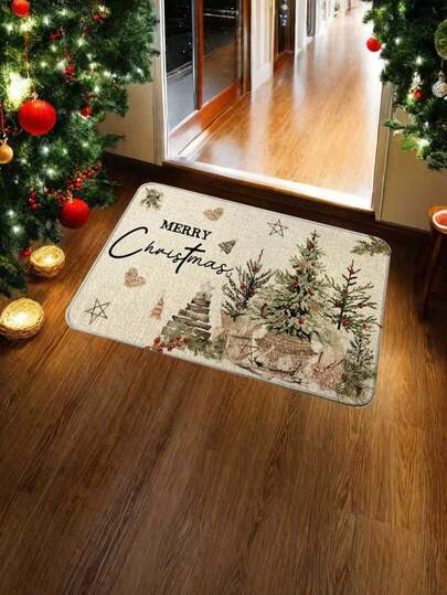 1 件装圣诞门垫，饰有松针、浆果和冬青图案 - 防滑、可机洗涤纶材质，非常适合室内/室外节日装饰，圣诞地垫/厨房地毯