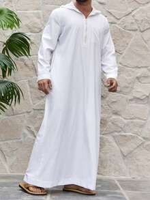 Muslim Men's Solid Color Casual Zip-Up Half-Placket Long Sleeve Hooded Traditional Arabic Robe - White - View 4