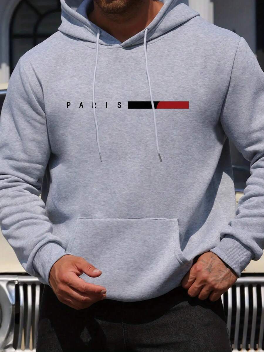 Chaqueta con Capucha para Hombre - Estampado de Letras "Paris" en Azul Vibrante,  Poliéster, Corte Regular, Manga Larga y Cordón Ajustable, Sudadera Casual para Otoño e Invierno, Ropa de Ocio - Gris Claro - Ver 1