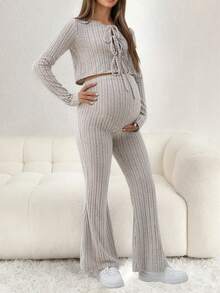 Ribbed Solid Color Bow Blouse & Flare Pants Maternity Set - Apricot - View 6