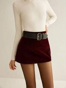 女士休闲短款丝绒针织迷你裙，中等弹力，穿着舒适，针织面料220克，无腰带，秋冬款 - 酒紅色 - 查看 3