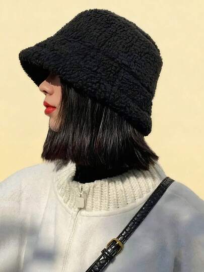 1pc Women's Classic Lightweight Solid Color Wool Bucket Hat, Korean Style, Student Versatile Warm Sun-Shading Hat, Winter