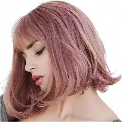 Pelucas Delanteras de Encaje Rosa, Peluca Corta de Ondas Sueltas con Flequillo, Peluca Delantera de Encaje Ajustable Peluca Sintética Resistente al Calor BM7M