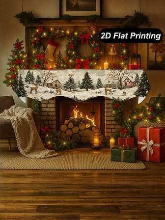 Christmas Decorations 1pc Merry Christmas Fireplace Scarf-Deer, Christmas Tree, Winter Landscape Design, Polyester Table Runner For Holiday Home Decoration, 78.7inx19.6in.