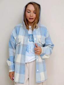 Women's Elegant Warm Qversized Checkered Autumn Shirt With A Hood ,Long Sleeve Plaid Casual Party Spring Fall Buttons Cardigan