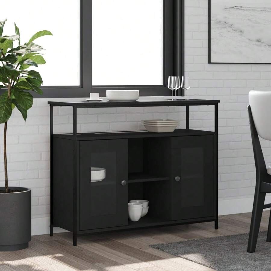 Sideboard Black 100x35x80 Cm Engineered Wood - Black - View 1