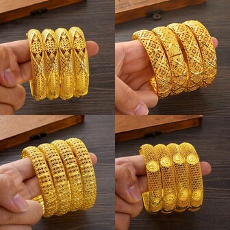 4pcs/Set Classic Hollow Bangle Bracelets, Elegant Golden Color Bracelets, African Bride Wedding Party Jewelry Gift