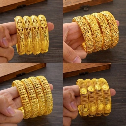 Bộ 4 vòng tay rỗng cổ điển, vòng tay màu vàng thanh lịch, quà tặng trang sức dự tiệc cưới cho cô dâu Châu Phi
