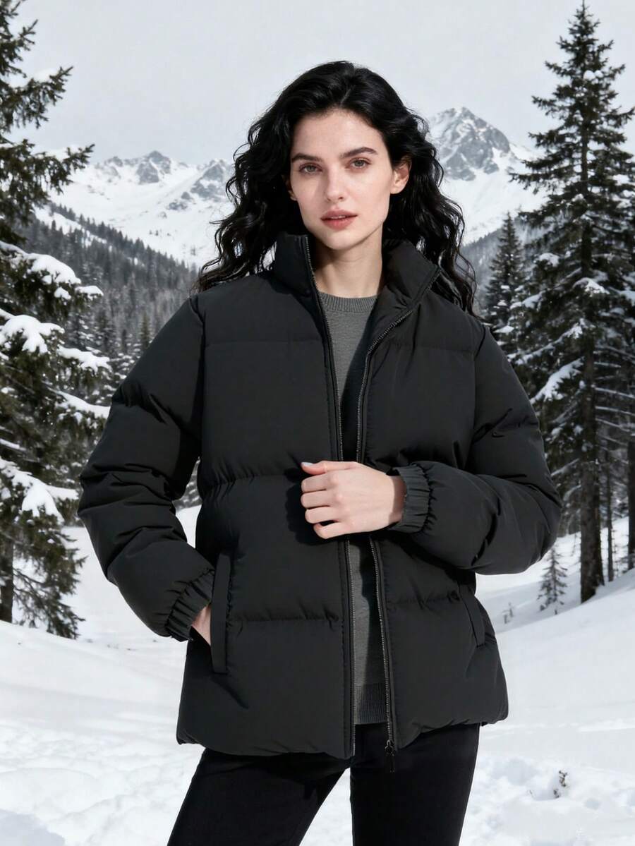 Women's Warm Lined Stand Collar Winter Jacket With Pockets, Zipper Design, Comfortable And Warm, Suitable For Daily Wear, Work, Travel, Running, Casual, Office, Fitness And Outdoor Activities - Black - View 1