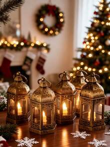 4个复古棕色迷你灯笼，带LED灯，便携式六角形悬挂蜡烛灯（含电池），适用于家居装饰、卧室、墙面悬挂、婚礼派对节日装饰、圣诞节、婚礼餐桌中心装饰 - 棕色 - 查看 5