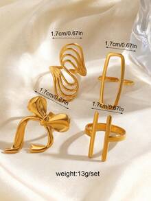 4pcs/Set Stainless Steel 18K Gold Plated Minimalist Geometric Line & Bow Knot Open Rings, Suitable For Women's Daily Wear - Multicolor - View 7