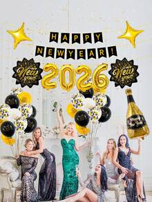 42 件/套 2026 新年气球套装，2026 铝箔气球、新年快乐横幅、乳胶气球、新年树叶、酒杯形状，适用于新年派对装饰 - 彩色 - 查看 4
