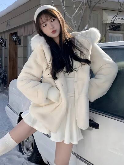 女士休闲连帽仿皮草外套，长袖复古加厚抓绒大衣，优雅纯色外套，皮草大衣，女士户外夹克，新款上衣，圣诞节