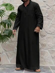 عباءة عربية تقليدية للرجال المسلمين، بلون أحادي، كاجوال، سحاب نصفي، أكمام طويلة، مزودة بقلنسوة - مشاهدة 3