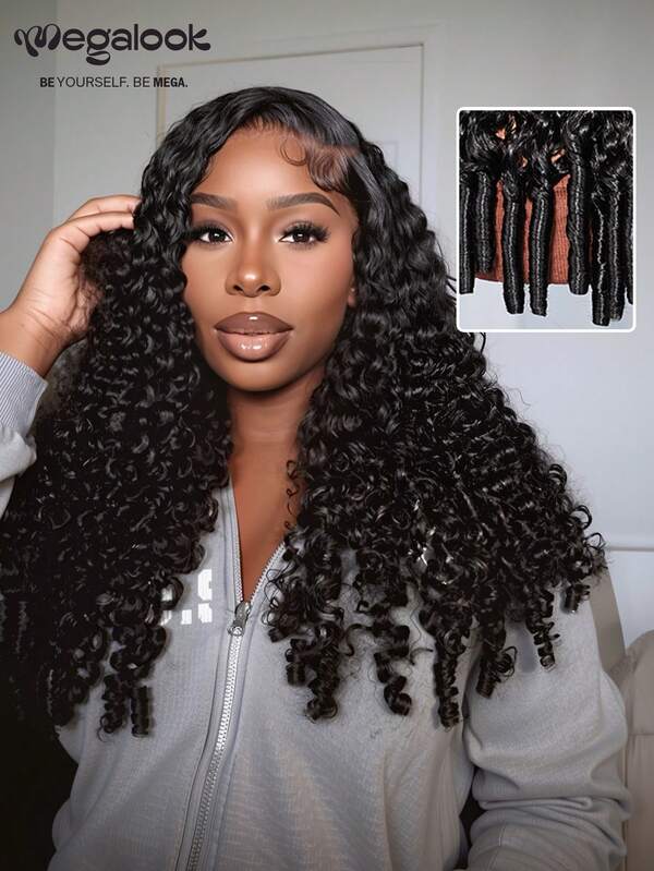 MEGALOOK Peluca rizada de Jerry con extremos enrollados con los dedos Actualización 13x6 Three-Go™ Pelucas sin pegamento con cordón - Peluca frontal de encaje transparente recortada y previamente depilada con línea de cabello natural Gorra transpirable Pelucas rizadas naturales negras de 18-24 pulgadas - Peluca de cabello humano virgen 100% Comodidad todo el día Mínimo desprendimiento para uso diario Lista para la oficina