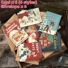 24 张装复古圣诞贺卡带信封 - 节日、新年、祝贺、春节 - 复古圣诞老人和麋鹿设计，适合圣诞节冬季派对 - 彩色 - 查看 2