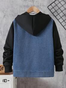 Tween Boys Casual Outdoor Denim Patchwork Jacket, Versatile For Everyday Wear, Autumn/Winter - Black - View 3